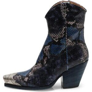 Women's Navy Snakeskin Faux Leather Steel Toe Side Zipper Block Heel Ankle Boots
